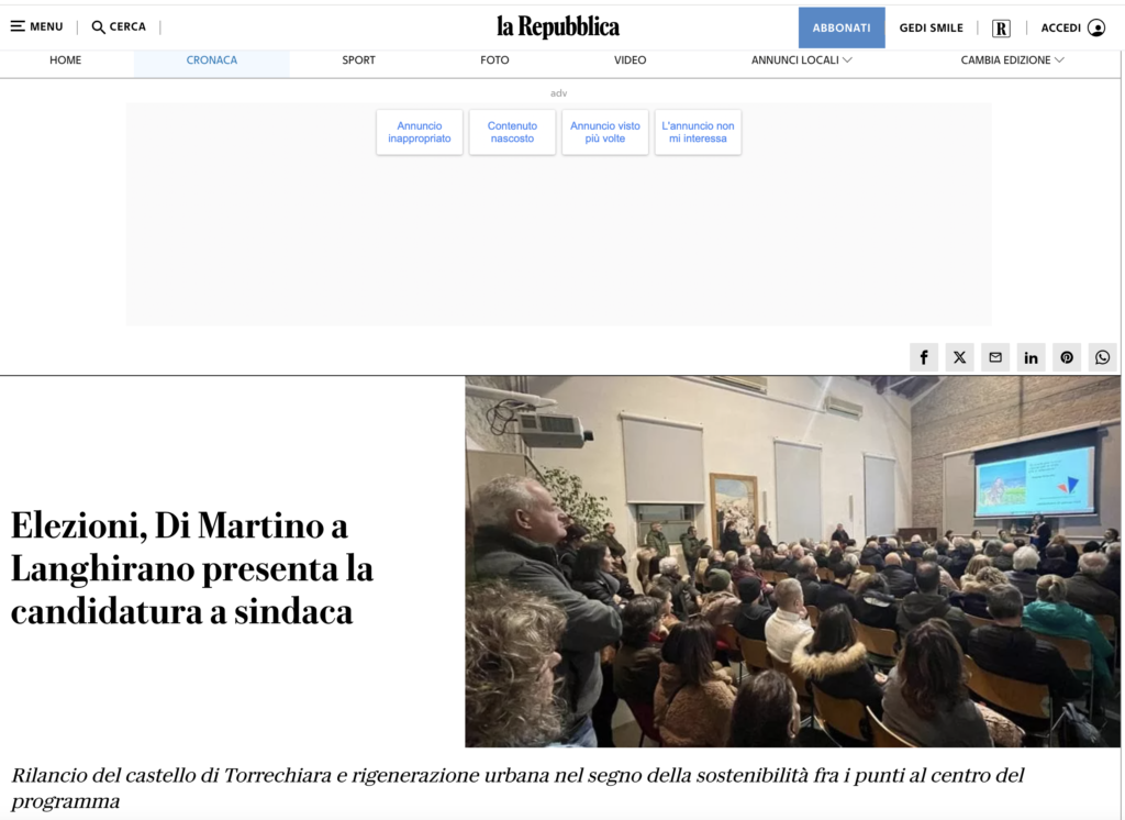 La Repubblica, annuncio candidatura a sindaca di Langhirano di Federica Di Martino